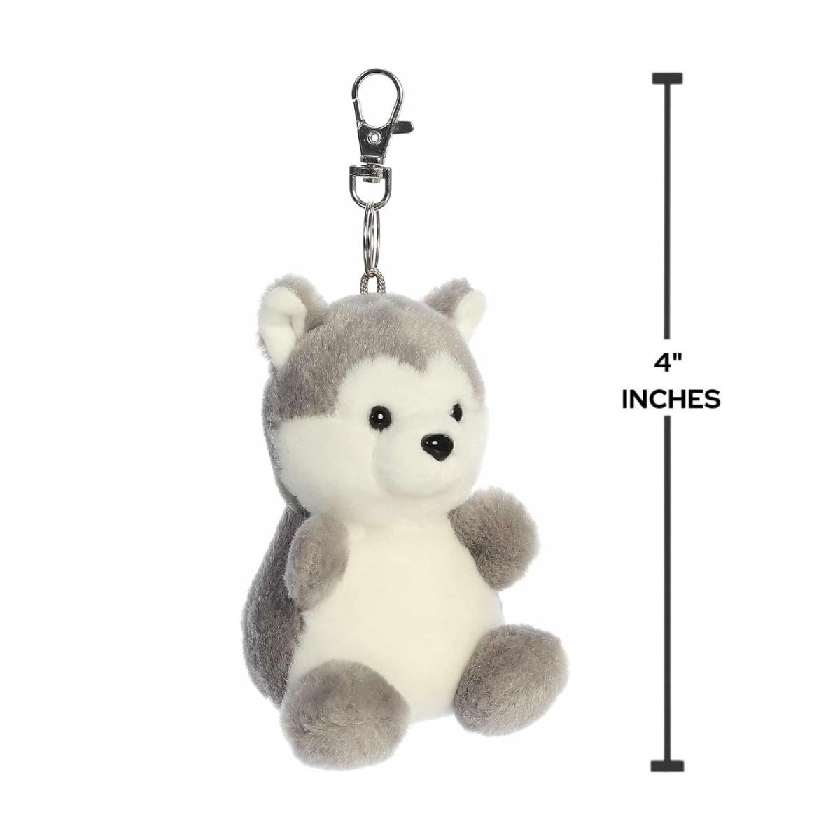 Sizing graphic showing the 4-inch Palm Pals Busky Husky clip-on next to a measurement line to demonstrate its compact scale.