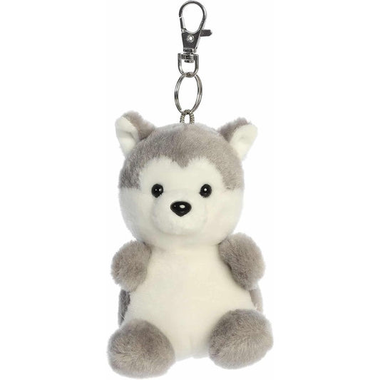 Front view of the 4-inch Aurora Palm Pals Busky Husky plush clip-on featuring grey and white fur and a metal keychain clasp.
