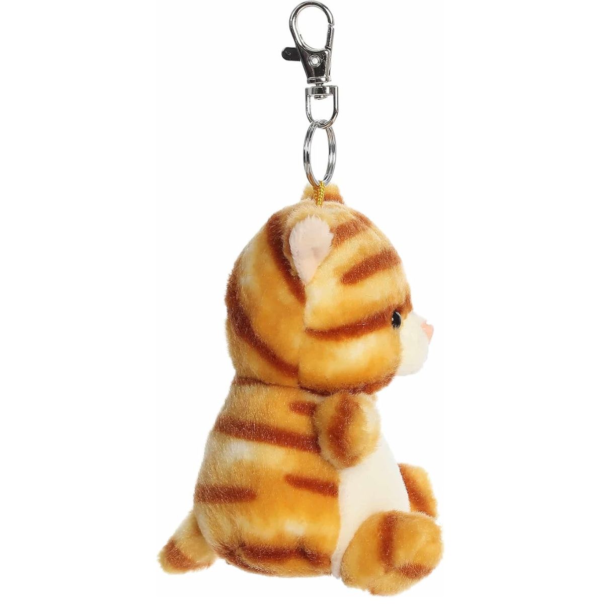 Side profile view of the Meow Kitty plush keychain showing its striped tail, upright posture, and metal clip.