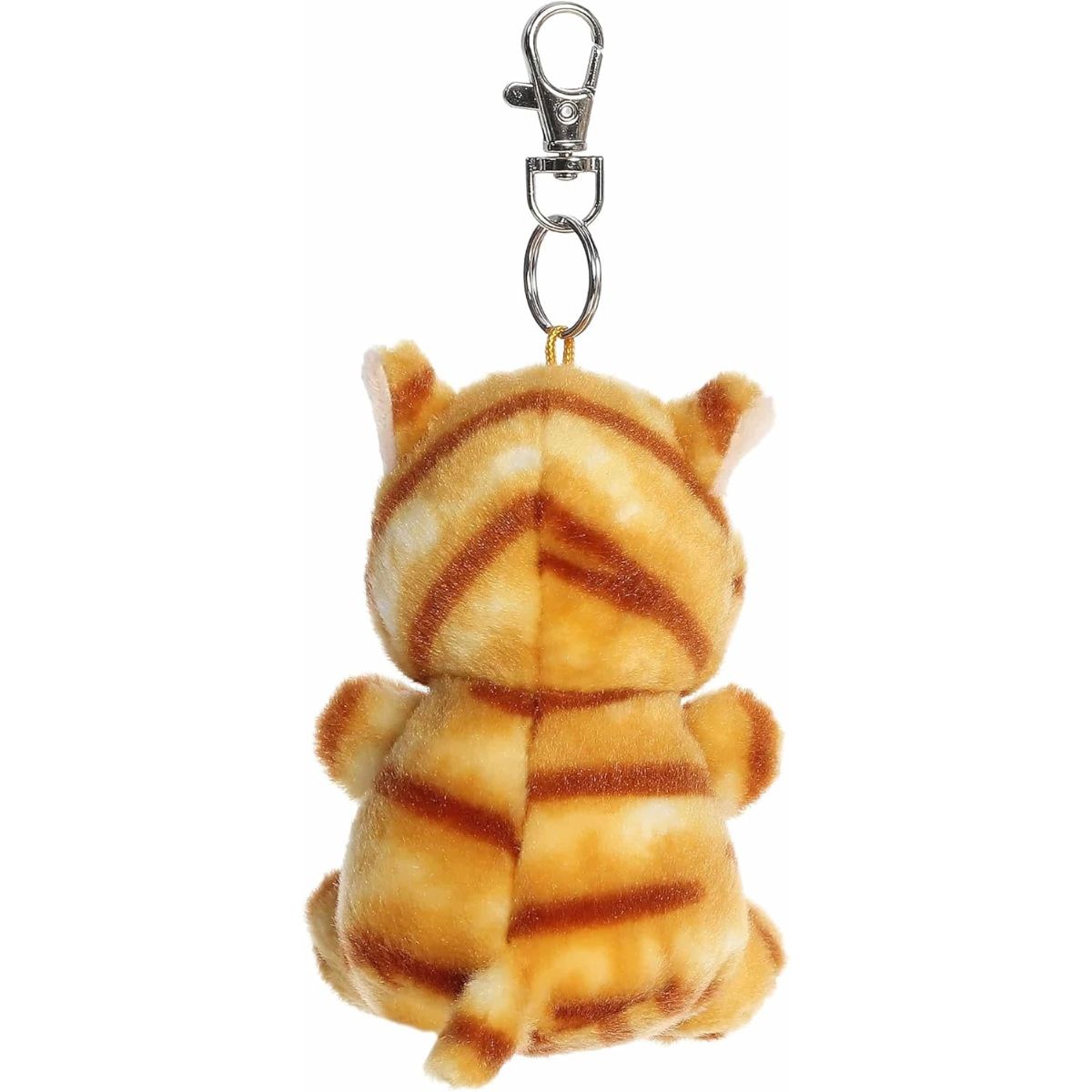 Back view of the Aurora tabby cat clip-on showcasing its soft striped orange plush back and tiny tail.