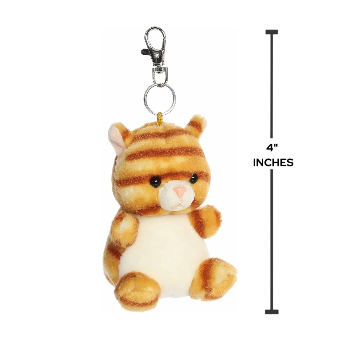 Sizing graphic showing the 4-inch Palm Pals Meow Kitty clip-on next to a measurement line to demonstrate its compact scale.