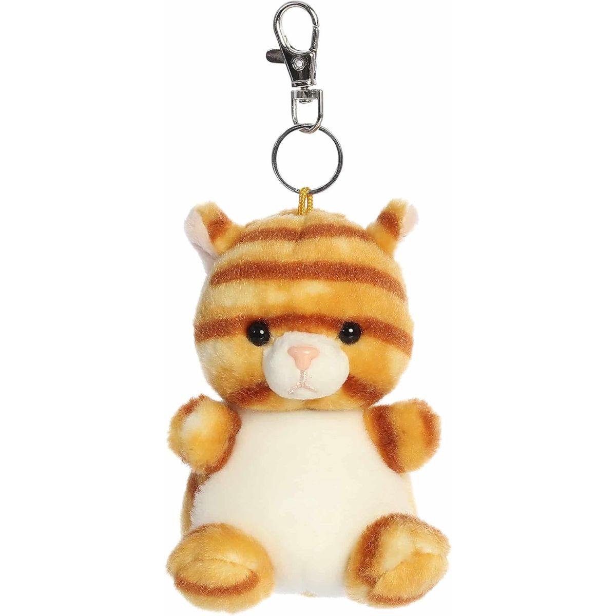 Front view of the 4-inch Aurora Palm Pals Meow Kitty plush clip-on featuring orange tabby fur, a white belly, and a metal keychain clasp.
