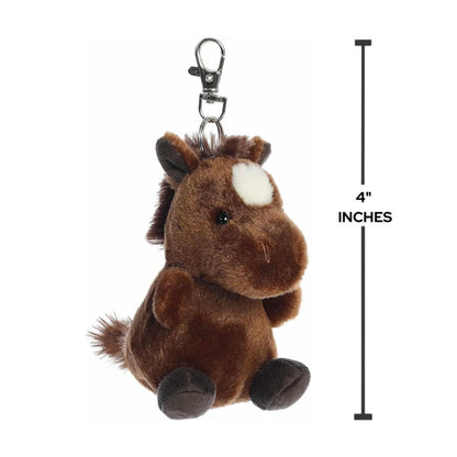 Dimension graphic showing the 4-inch Aurora Palm Pals Truffle Brown Horse clip-on plush.