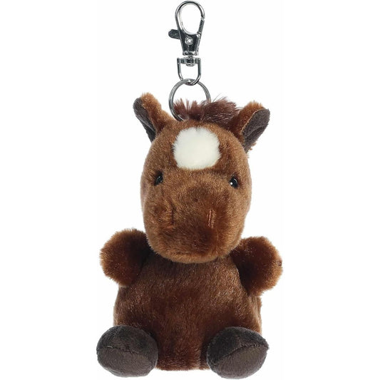 Front view of the 4-inch Aurora Palm Pals Truffle Brown Horse plush toy with a white forehead mark and metal clip.