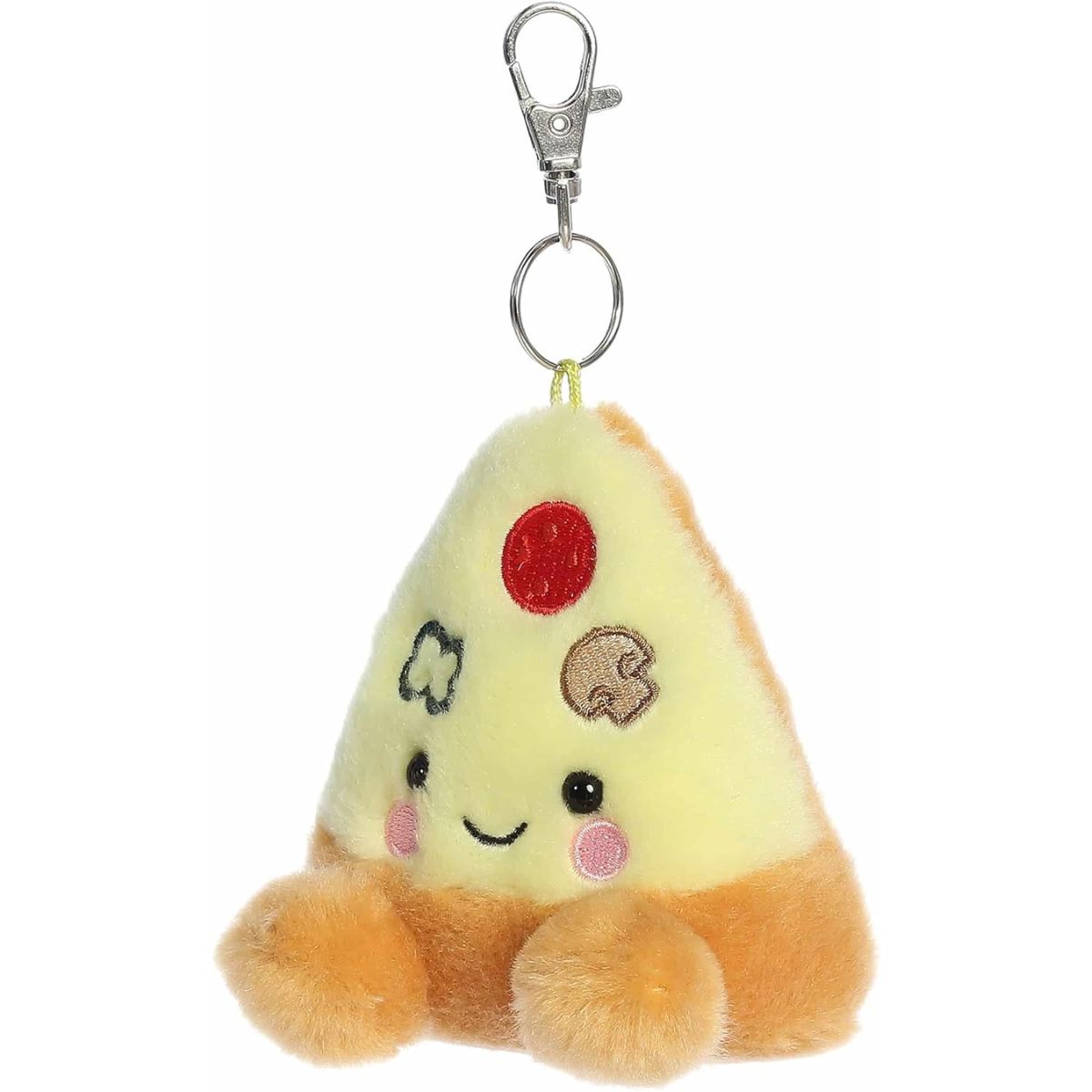 Angled front view of the smiling pizza plush keychain highlighting its pepperoni, mushroom, and pepper details alongside its plush feet.