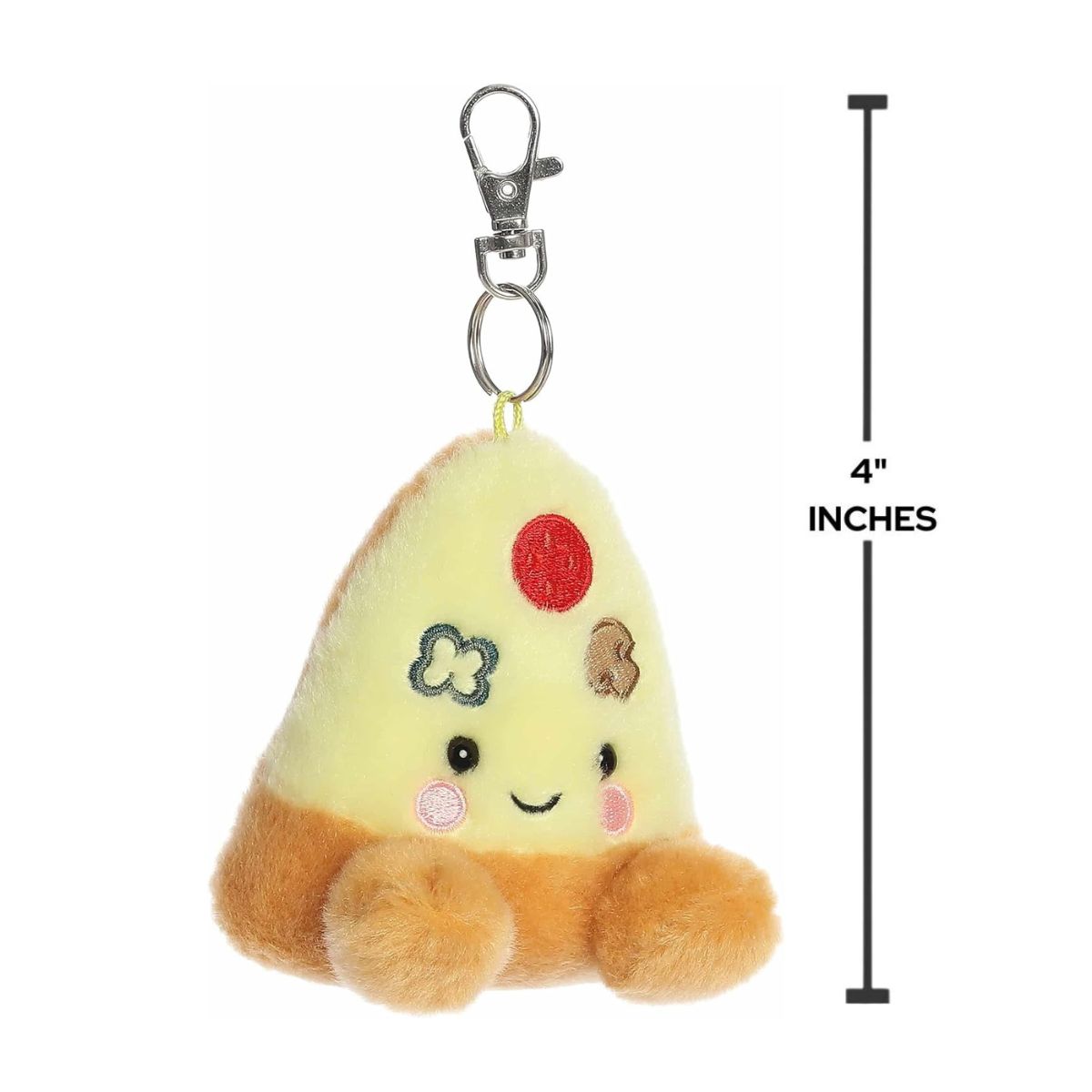 Sizing graphic showing the 4-inch Palm Pals Peppa Pizza Slice clip-on next to a measurement line to demonstrate its compact scale.