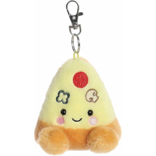 Front view of the 4-inch Aurora Palm Pals Peppa Pizza Slice plush clip-on featuring embroidered toppings and a metal keychain clasp.