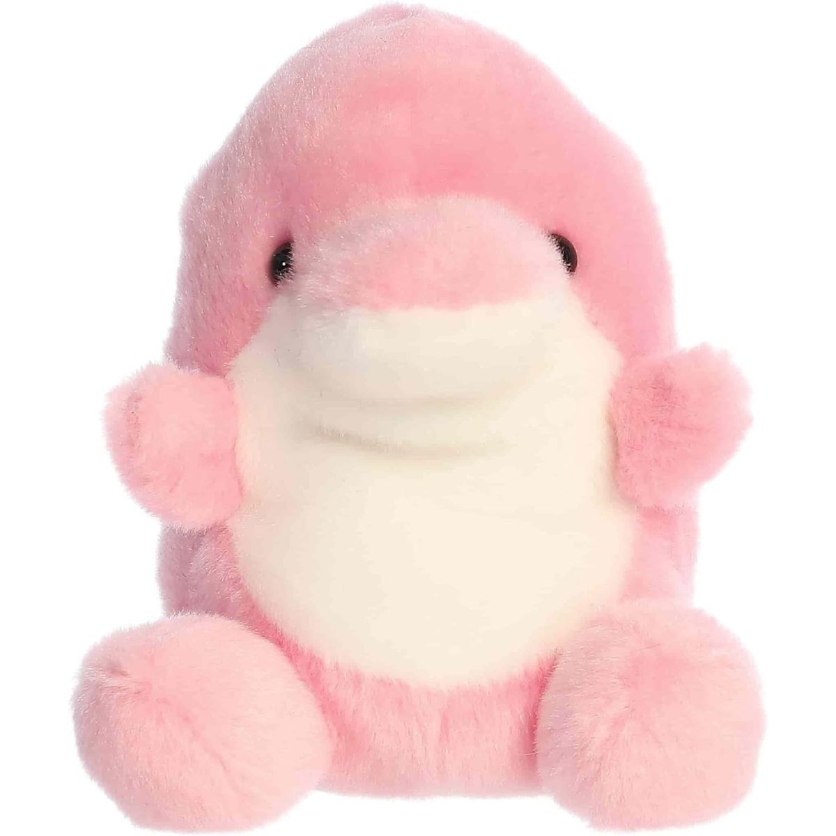 Front view of the adorable Aurora Amazonia Pink Dolphin stuffed animal featuring sweet dark eyes, a white underbelly, and cute pink side flippers.