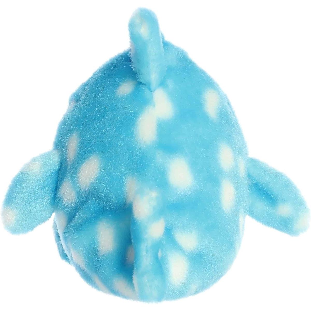 Direct back view of the cuddly blue and white spotted Palm Pals whale shark stuffed animal showing its tail fin.