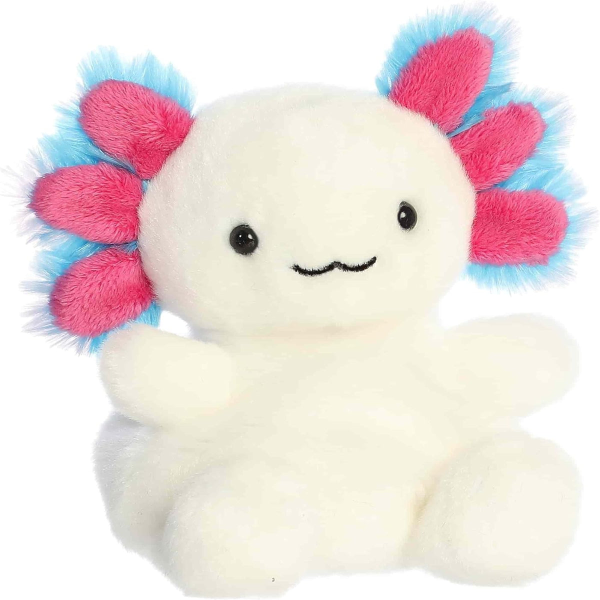 Front angled view of the 5-inch Aurora Palm Pals Jax Bluegill Axolotl plush toy featuring a white body, pink and blue fluffy gills, and a sweet smiling face.