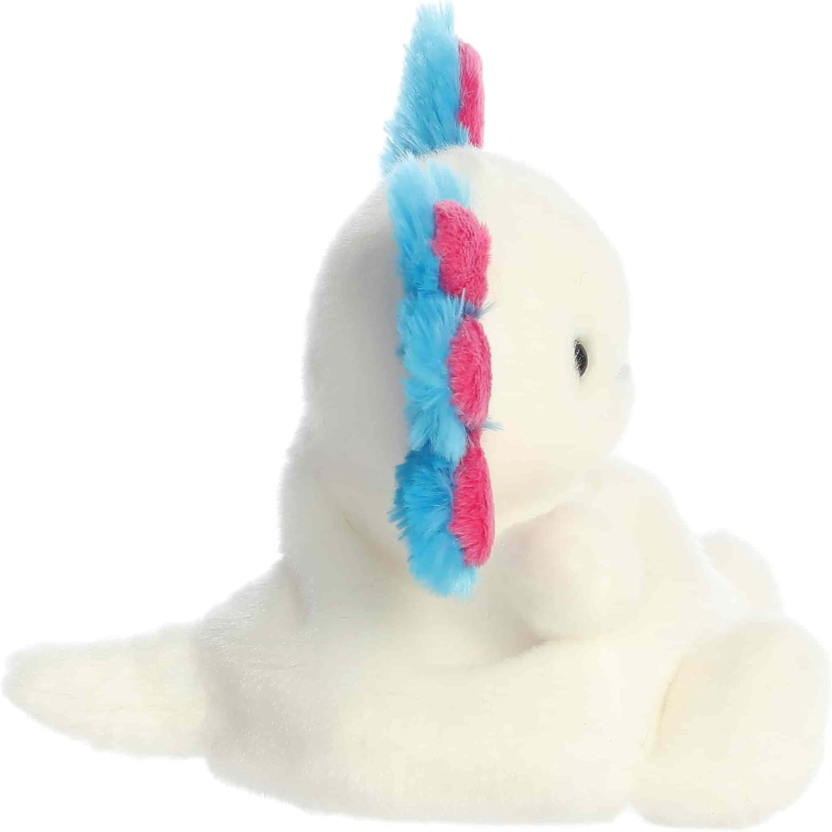 Side profile view of the Palm Pals Jax Axolotl highlighting its plump shape, prominent side gills, and cute little tail.