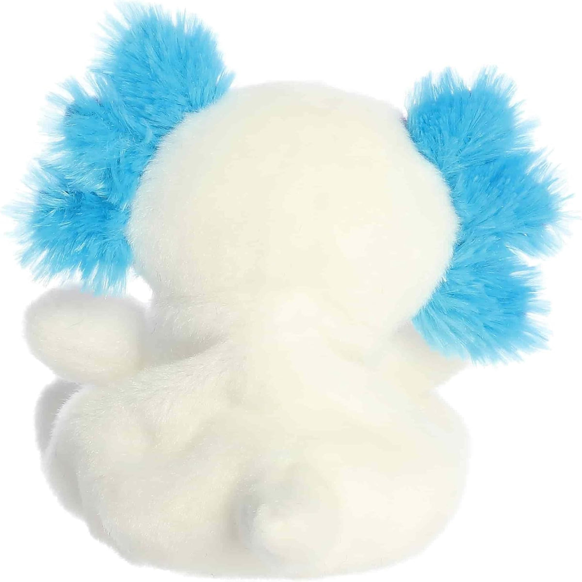 Back view of the Aurora axolotl plush showcasing its soft white fur and the vibrant blue fluff on the back of its gills.
