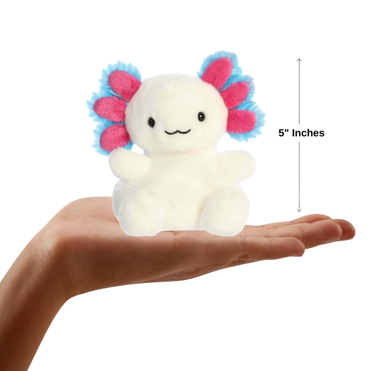 Sizing graphic showing the 5-inch Palm Pals Jax Bluegill Axolotl plush sitting perfectly in the palm of a hand to demonstrate its small scale.