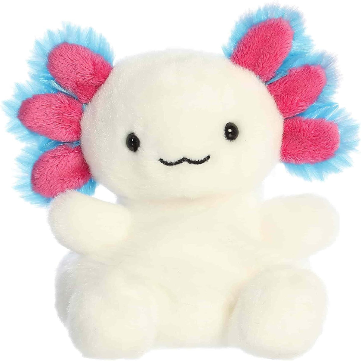 Straight front sitting view of the white axolotl plush showing its bright magenta and electric blue gills, happy smile, and tiny plush feet.
