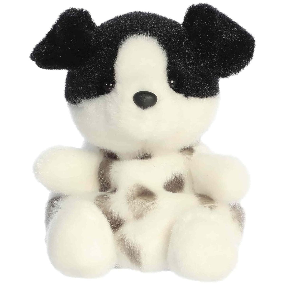 Straight front sitting view of the black and white dog plush showing its speckled belly, white snout, and cute black nose.