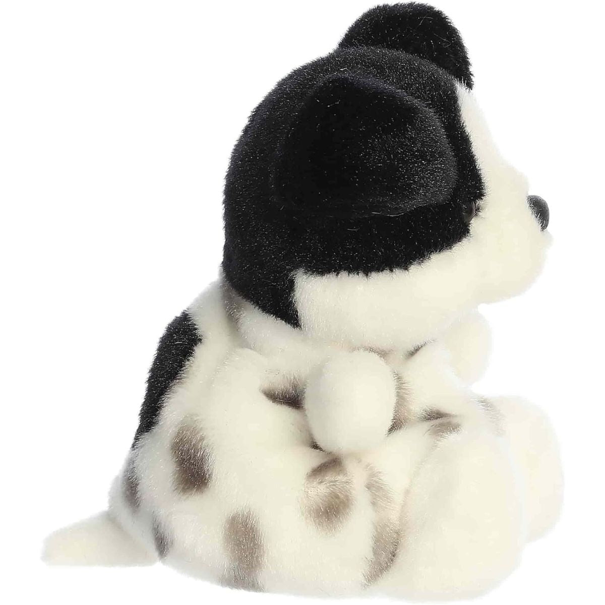 Side profile view of the Palm Pals Snorkels Dog highlighting its plump shape and spotted side.