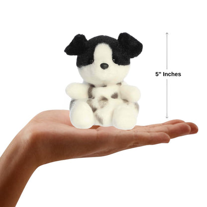 Sizing graphic showing the 5-inch Palm Pals Snorkels Dog plush sitting perfectly in the palm of a hand to demonstrate its small scale.