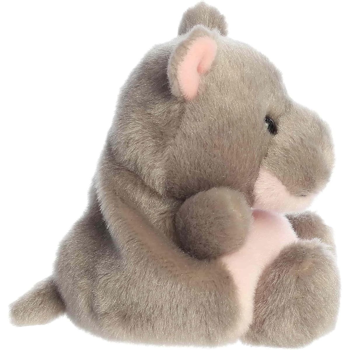 Side profile of the Aurora Palm Pals Ham Pygmy Hippo plush highlighting its round shape and pink inner ears.