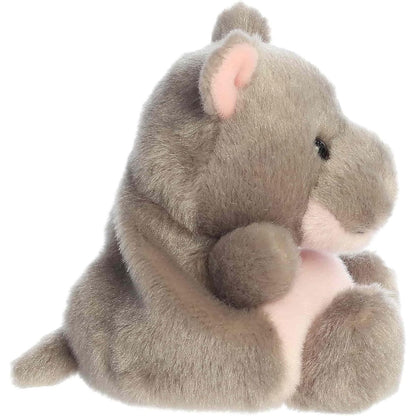 Side profile of the Aurora Palm Pals Ham Pygmy Hippo plush highlighting its round shape and pink inner ears.