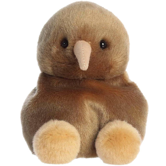 Straight-on front view of the 5-inch Aurora Palm Pals Kiri Kiwi brown stuffed animal sitting upright.