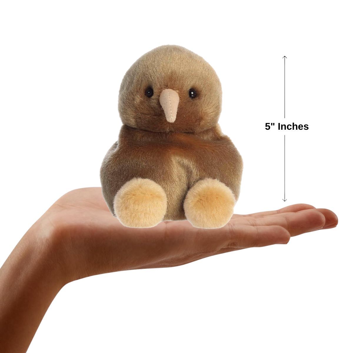 Dimension graphic showing the 5-inch Aurora Palm Pals Kiri Kiwi resting comfortably in a person's hand.