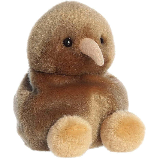 Angled front view of the soft brown Palm Pals kiwi bird plush featuring a long tan beak and round feet.