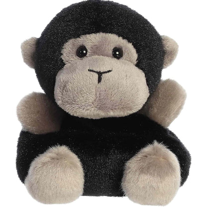 Straight-on front view of the soft black Palm Pals gorilla stuffed animal featuring a sweet smiling face.