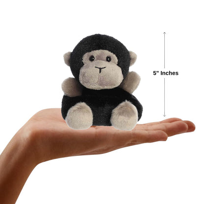 Dimension graphic showing the 5-inch Aurora Palm Pals Gunga Gorilla resting comfortably in a person's hand.