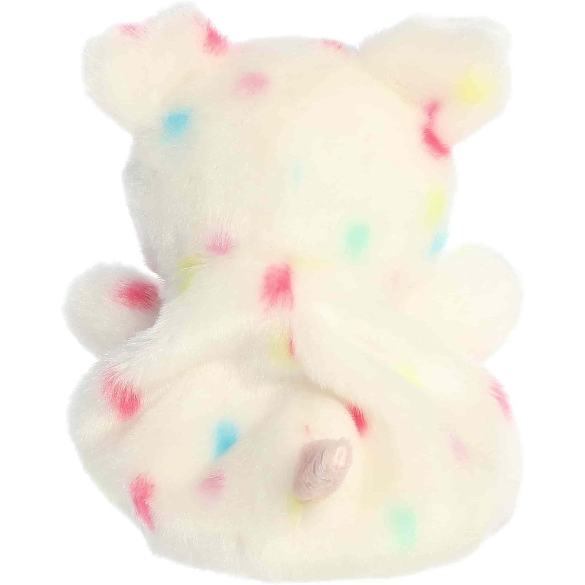 Back view of the Aurora piglet plush showcasing its soft, white fur dotted with funfetti colors and its little pink tail.
