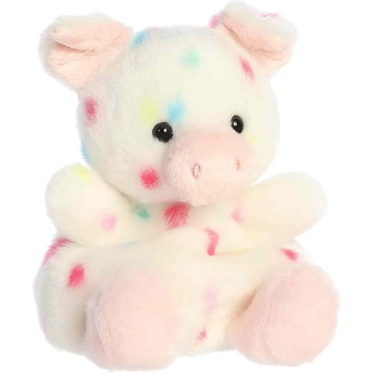 Front angled view of the 5-inch Aurora Palm Pals Patsy Funfetti Pig plush toy featuring a white body with colorful pastel spots and a pink snout.