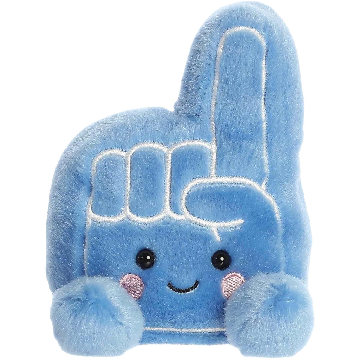 traight front sitting view of the blue foam finger plush showing its number one hand shape, rosy cheeks, and plush little feet.