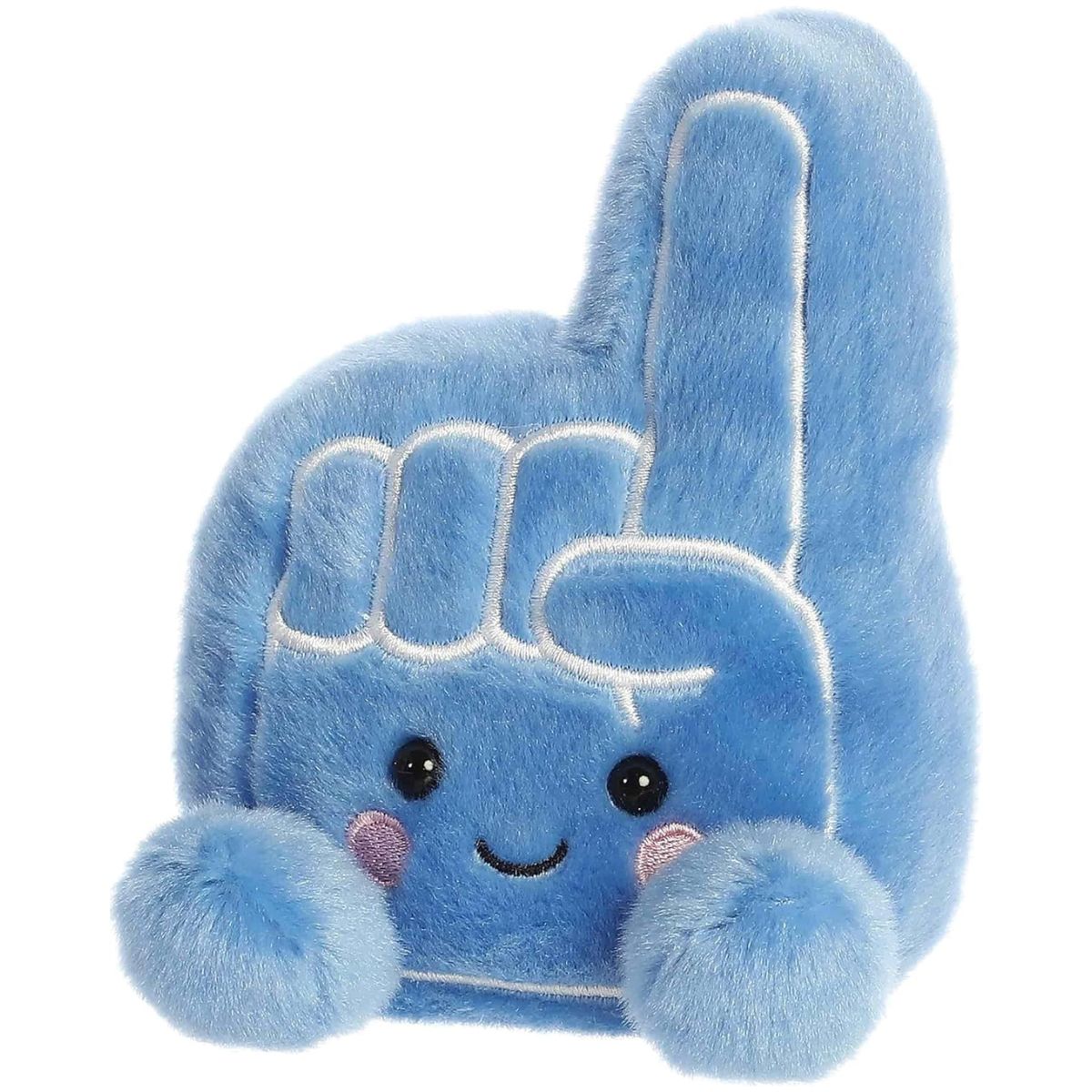 Angled front view showing the plush blue foam finger sitting happily with its bright embroidered smile.
