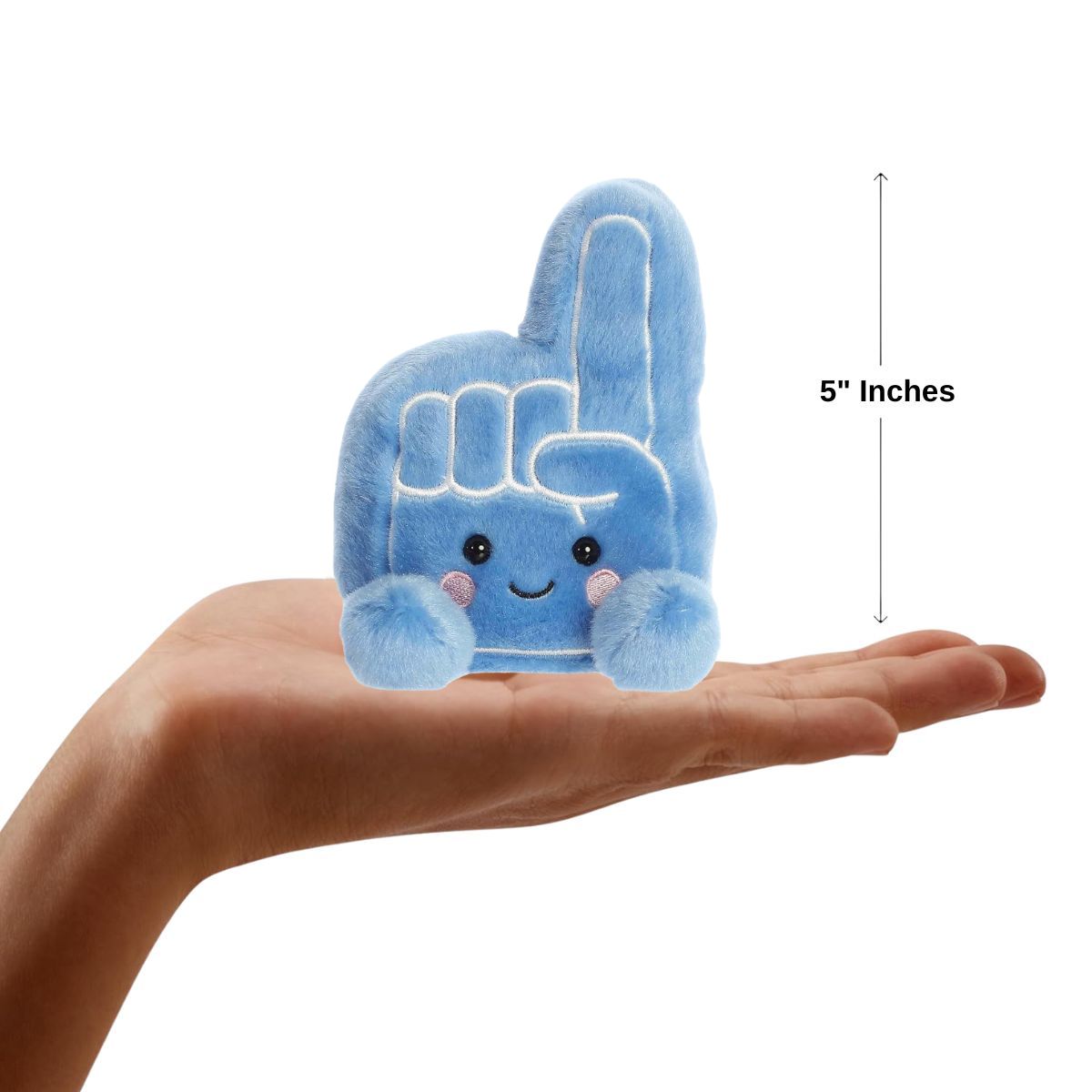 Sizing graphic showing the 5-inch Palm Pals Ferris Foam Finger plush sitting perfectly in the palm of a hand to demonstrate its small scale.