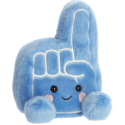 Front angled view of the 5-inch Aurora Palm Pals Ferris Foam Finger plush toy featuring a blue body with white embroidery and a smiling kawaii face.