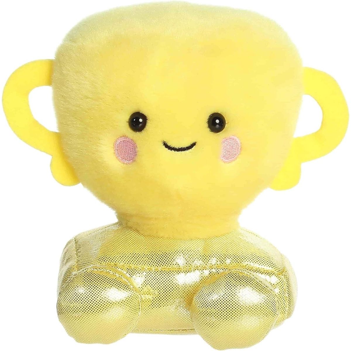 Straight front sitting view of the yellow trophy plush showing its two side handles, rosy cheeks, and shiny gold feet.