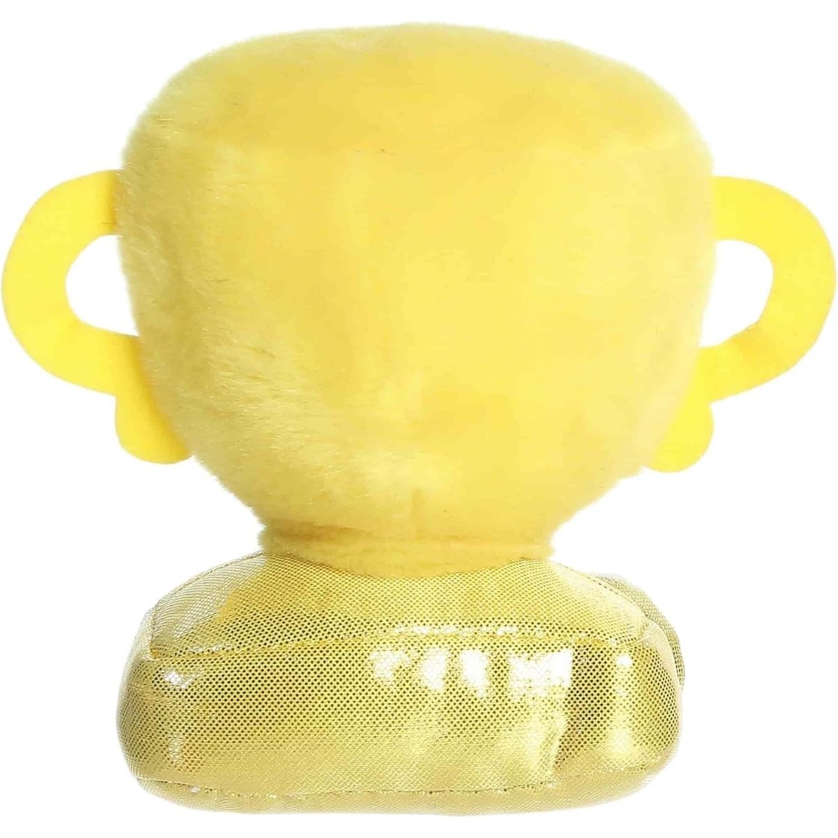 Back view of the Aurora trophy plush showcasing its soft yellow body and metallic gold base texture.