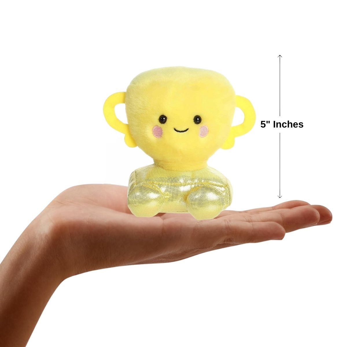 Sizing graphic showing the 5-inch Palm Pals Winner Trophy plush sitting perfectly in the palm of a hand to demonstrate its small scale.