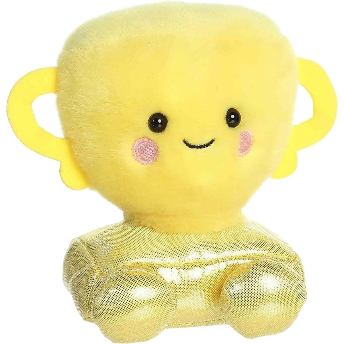 Front view of the 5-inch Aurora Palm Pals Winner Trophy plush toy featuring a yellow cup, metallic gold base, and a happy kawaii face.