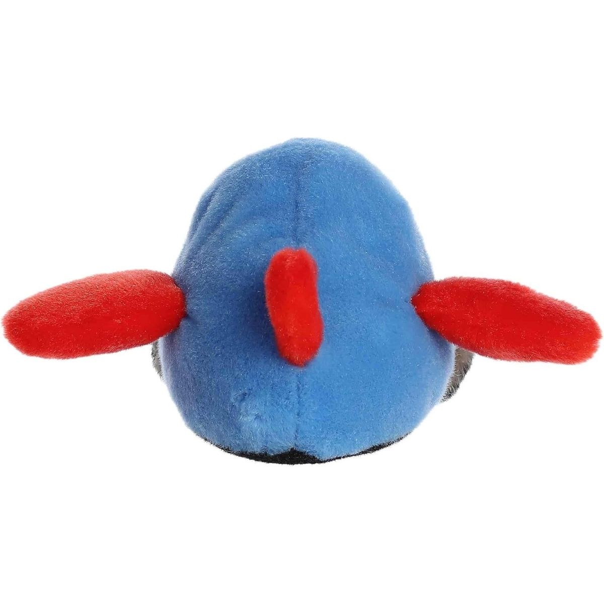 Back view of the Aurora Amelia Jet plush showcasing its soft blue body and the red tail fin.