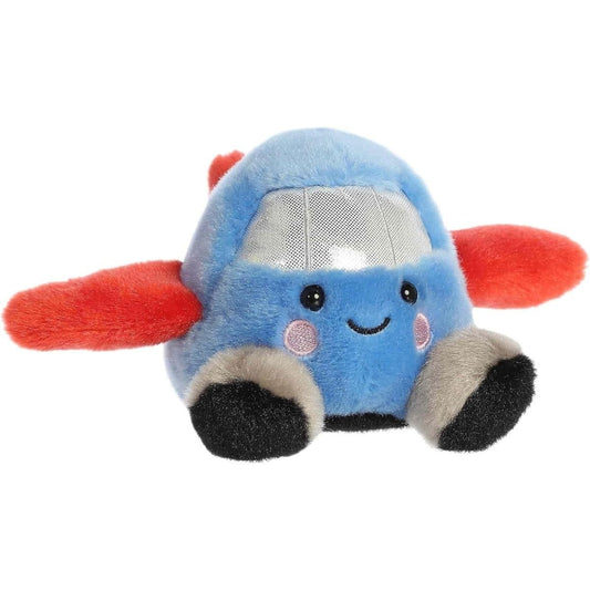 Front angled view of the 5-inch Aurora Palm Pals Amelia Jet plush toy featuring a blue body, red wings, shiny silver windshield, and sweet kawaii face.