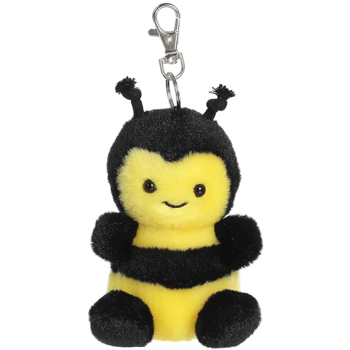 Front view of the 4-inch Aurora Palm Pals Queeny Bee yellow and black plush toy with a metal clip.