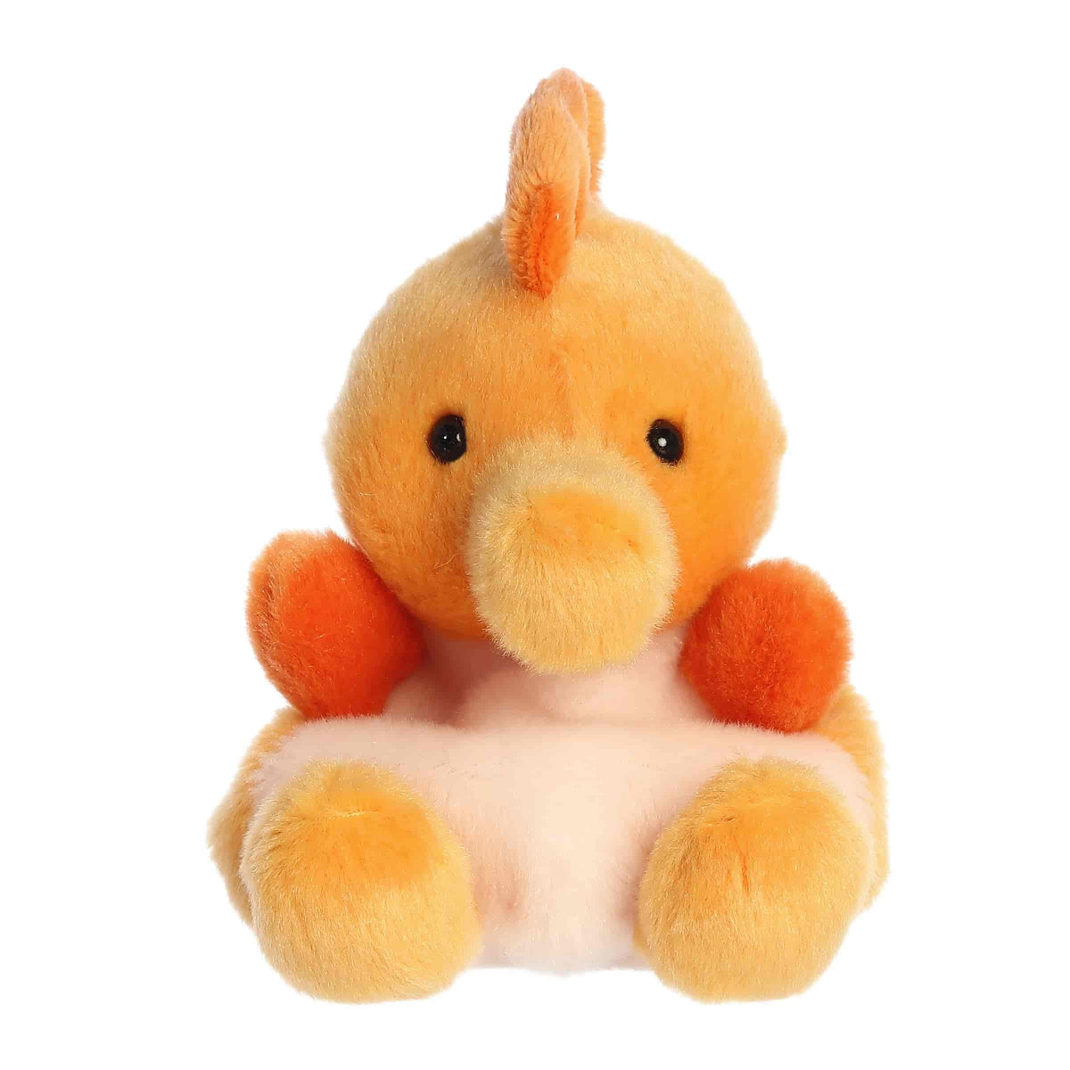 Straight front sitting view of the orange seahorse plush showing its cute tubular snout, dark orange side fins, and black eyes.