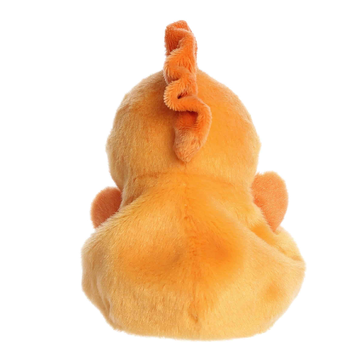 Back view of the Aurora seahorse plush showcasing its bright golden orange plush texture and back fin.