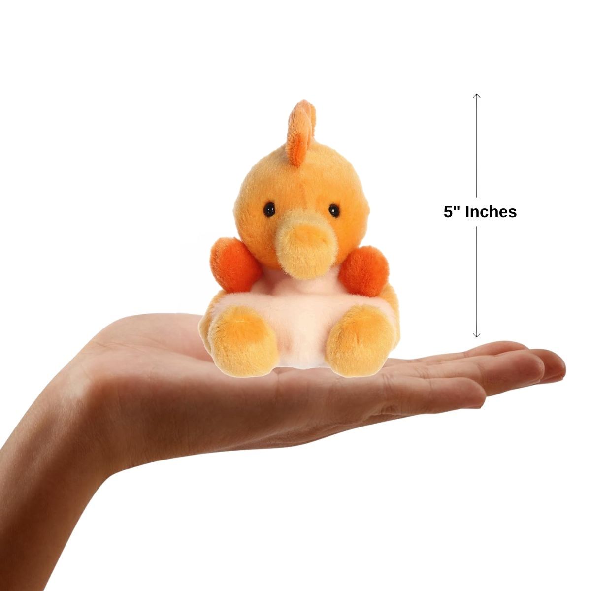 Sizing graphic showing the 5-inch Palm Pals Felipe Seahorse plush sitting perfectly in the palm of a hand to demonstrate its small scale.