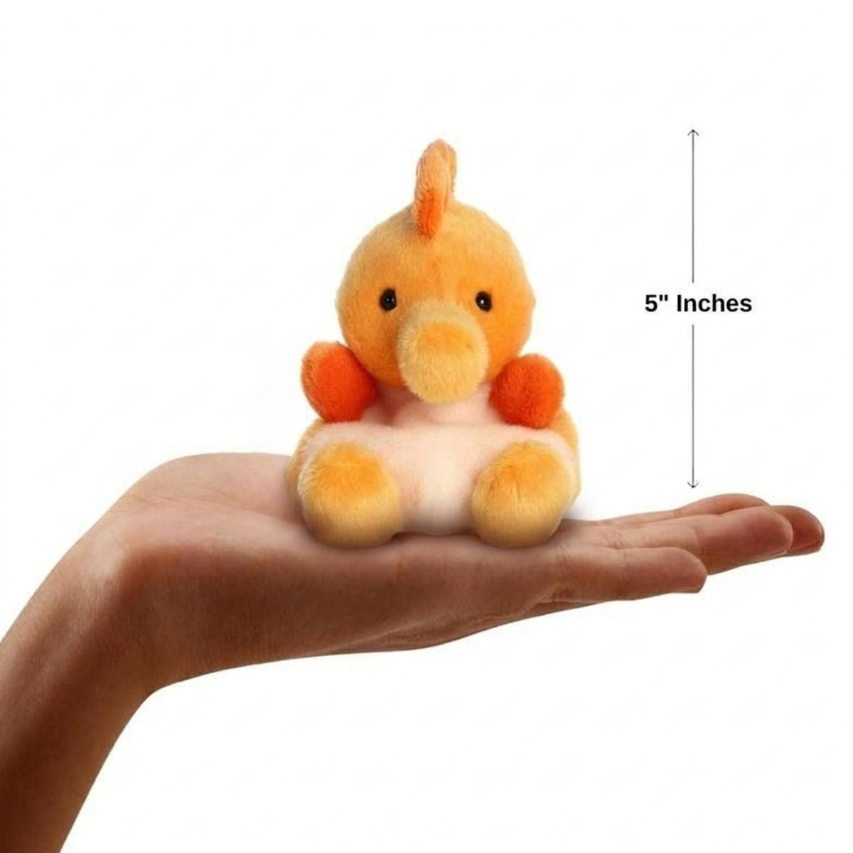 Sizing graphic showing the 5-inch Palm Pals Felipe Seahorse plush sitting perfectly in the palm of a hand to demonstrate its small scale.