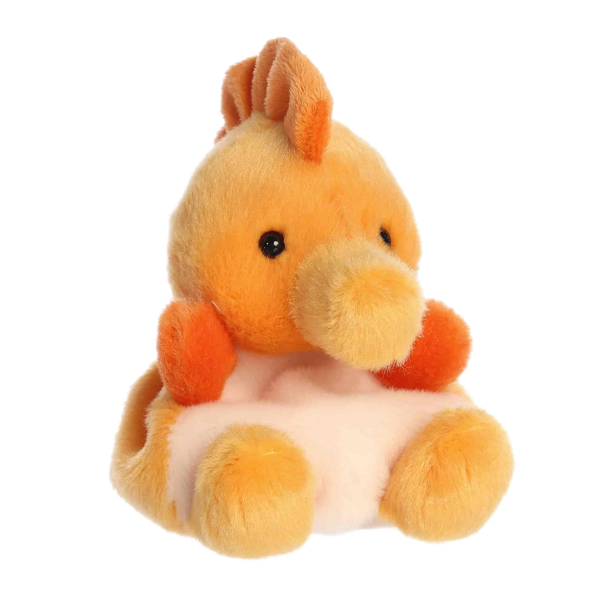 Front angled view of the 5-inch Aurora Palm Pals Felipe Seahorse plush toy featuring a golden orange body and a soft peach belly.