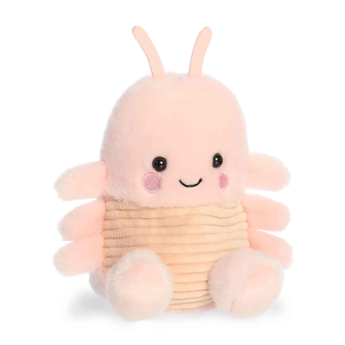 Front angled view of the 5-inch Aurora Palm Pals Augustin Shrimp plush toy featuring a pastel pink body, ribbed belly, and a sweet kawaii face.