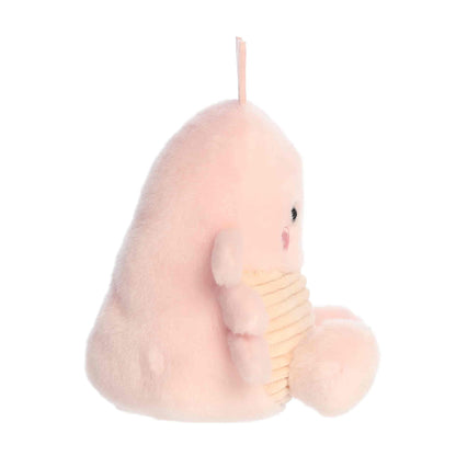 Side profile view of the Palm Pals Augustin Shrimp highlighting its plump shape, ribbed belly texture, and plush side legs.