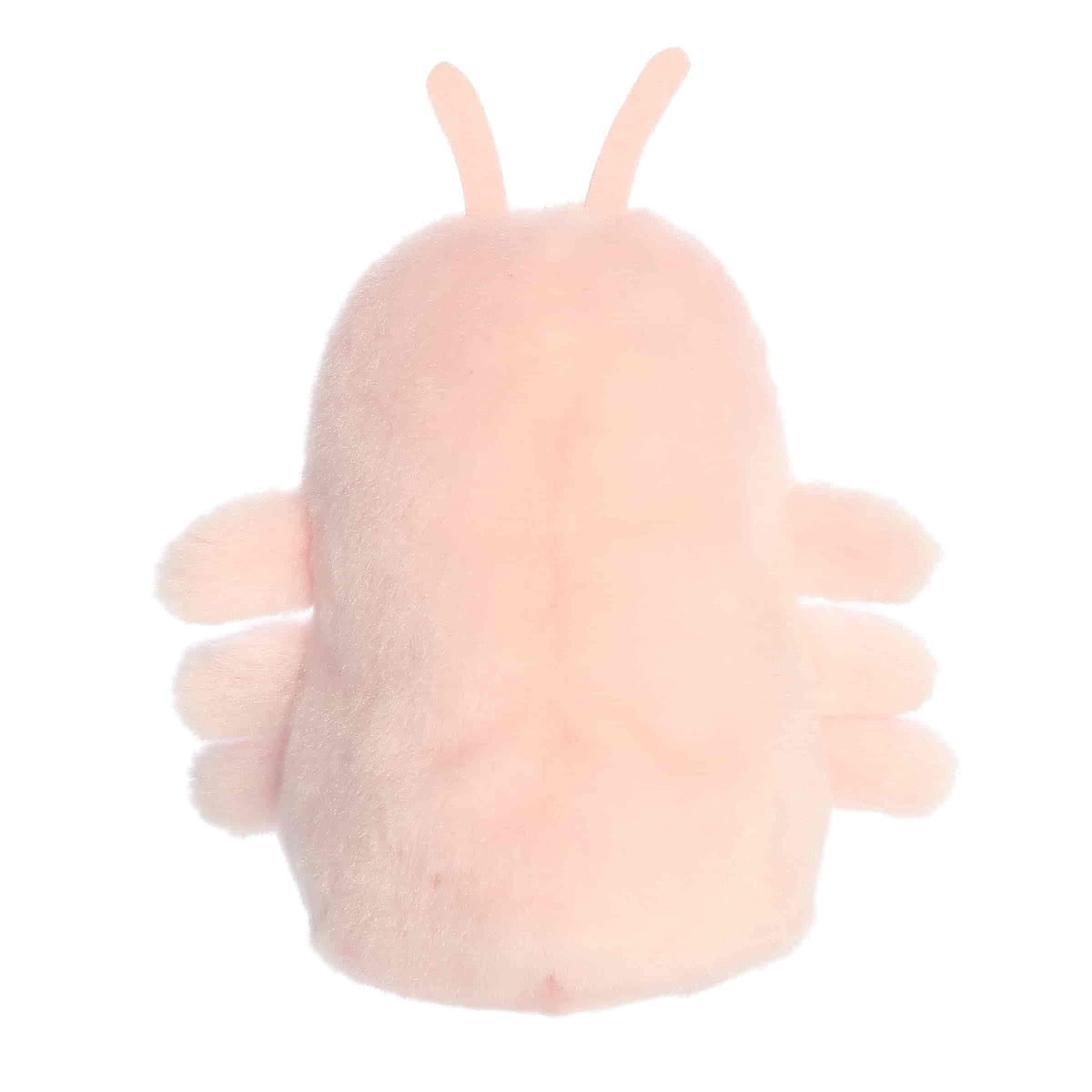 Back view of the Aurora shrimp plush showcasing its soft, solid pastel pink plush texture.