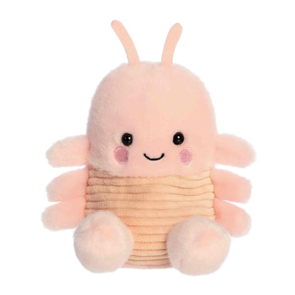 Straight front sitting view of the pink shrimp plush showing its soft antennae, six little legs, rosy cheeks, and smiling embroidered expression.